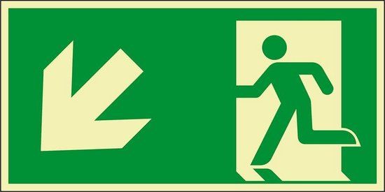 Extra lichtgevend nooduitgang bord pijl linksonder - aluminium - E001 300 x 150 mm