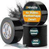 Hinrichs Ducttape zwart - 4 Rollen 50m x 50mm Textieltape - extra sterk Kleefband - waterdichte Gaffa Tape - brede Pantsertape zwart - Ducttape voor Binnen en Buiten