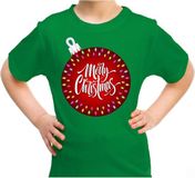 Bellatio Decorations Foute kerst shirt / t-shirt - grote kerstbal merry christmas groen voor kinderen - kerstkleding / christmas outfit 104/110