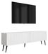 3xE living meuble TV avec panneaux avant nervurés, blanc mat, et pieds noirs inclinés