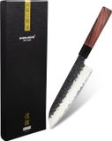 Shinrai Japan Kurayami Santokumes Damascusstaal 18 cm Hout Ergonomisch Donker Bruin