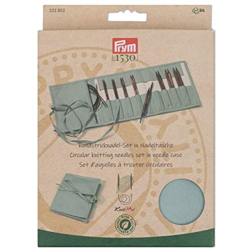 Prym 223802 Rondbreinaaldset, naturel, 5 paar houten naalden (maten 3,5-8 mm) met 3 touwen en accessoires, duurzaam etui van katoen, gladde naalden voor moeiteloos breien, kleur: petrol/naturel