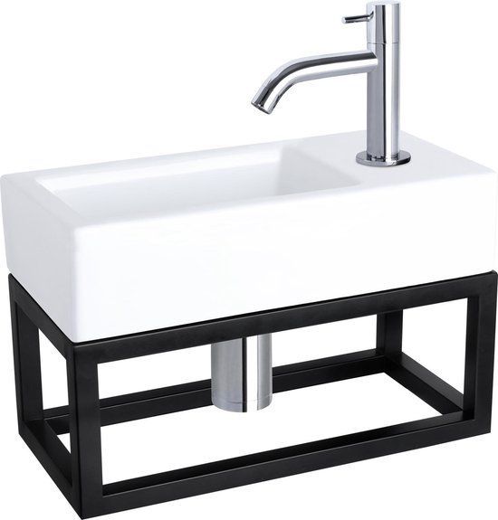 Differnz Ravo Fonteinset - Wasbak Keramiek - Wit - Gebogen Kraan - Chroom - Met Handdoekrek - 38.5 x 18.5 cm