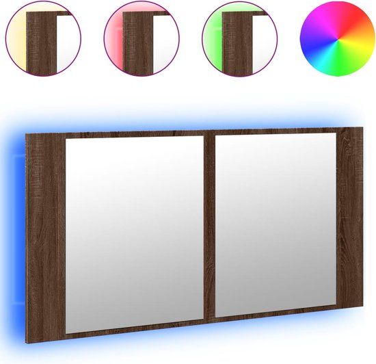 vidaXL Badkamerkast met spiegel en LED 90x12x45 cm acryl bruineikenkleur
