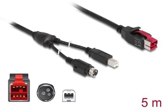 Delock PoweredUSB cable male 24 V > USB Type-B male + Hosiden Mini-DIN 3 pin male 5 m for POS printers and terminals
