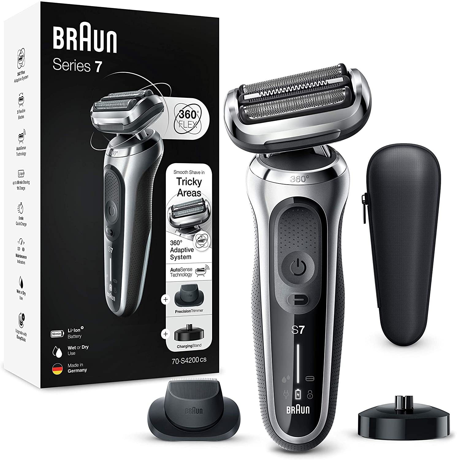 Braun Series 7  Series 7 70-S4200cs Elektrisch Scheerapparaat Met Oplaadstandaard, Precisietrimmer, Zilver