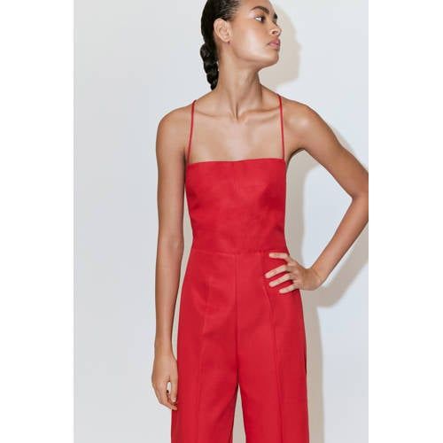 Mango Rood Linnen Jumpsuit met Open Rug