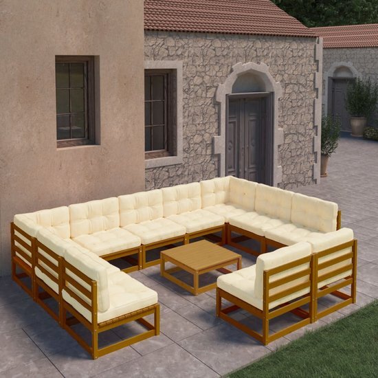 The Living Store Loungeset Grenenhout Tuinmeubelen - 70x70x67 cm - Honingbruin - Cr&#232;me - Polyester