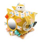 LES DÉGLINGOS - Activiteitskubus van stof Cyranos de vos - Geluid en tactiel ontwaken speelgoed voor baby's - Ontwikkelingsspeelgoed - Geboortecadeau - 12cm - Mosterdgeel