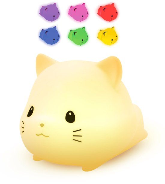 Vulpes Goods Nachtlampje Kinderen - LED Licht & 8 Kleuren – Nachtlampje Babykamer – Poes – USB-Oplaadbaar – Dimmer – Timer – Draadloos - Kindvriendelijk
