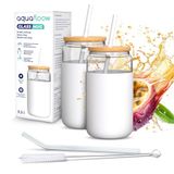 Aquafloow Drinkglas 500 ml met Siliconen en Bamboe Deksel - Inclusief 2 Rietjes (Siliconen & Glas), Temperatuurbestendig van -20°C tot 150°C
