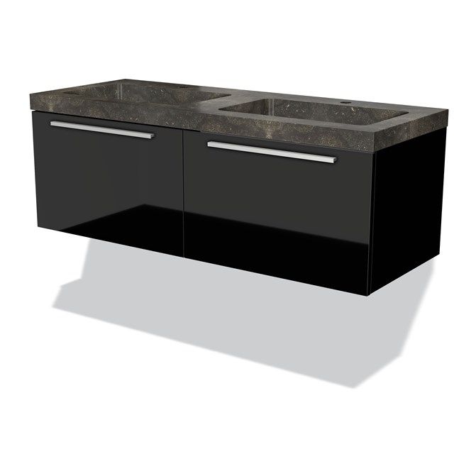 Maxaro Badkamermeubel 120cm Modulo Hoogglans Zwart 2 Lades Vlak Wastafel Natuursteen Blue Stone