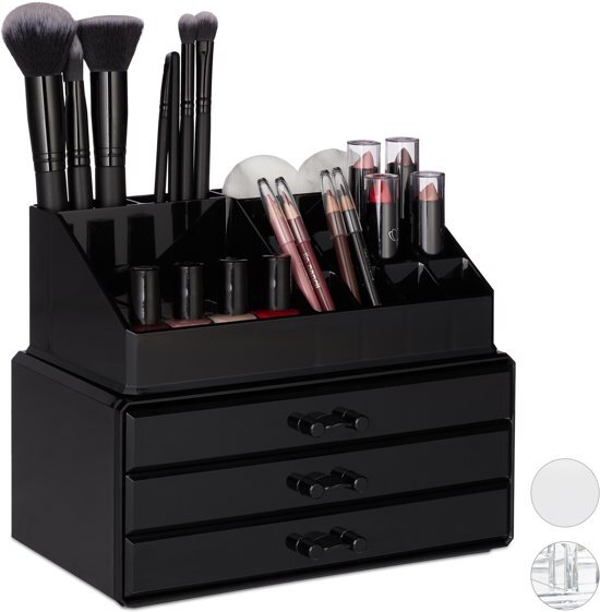 Relaxdays make-up organizer klein - stapelbaar - sieradendoosje - cosmetica - opbergbox zwart