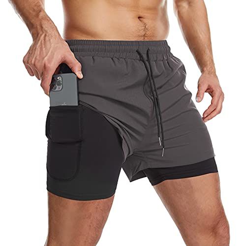 Danfiki Sportshorts 2-in-1 voor mannen, ademend, met zakken, sneldrogende sportbroek met zak, sportlegging, Base Layer Stretch, grijs., S