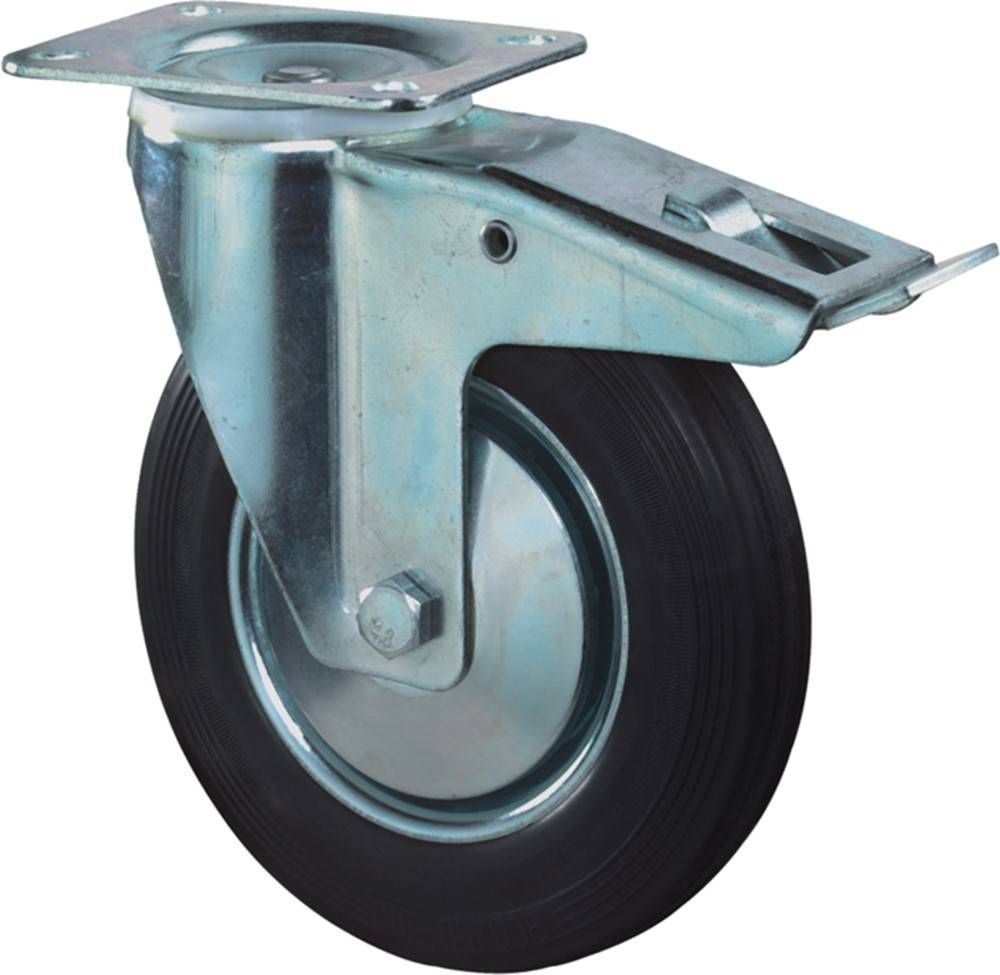 Kelfort Zwenkwiel, zwart rubber wiel met stalen velg en rollager + rem, 50kg m/rem 80mm