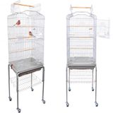 BAKAJI Volière voor vogels, onafscheidelijke papegaaien, valkparkieten, vogelkooi met standaard en wielen, dak voor openen en voeden, houten zitstokken, afneembare kuip (grijs)