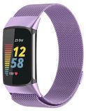 Wigento Fitbit Charge 6 / 5: Metalen stalen mesh polsband met magnetische sluiting, paars