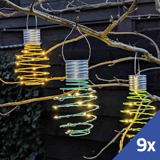 LedKoning Solar hanglamp 'Fiësta' - Set van 9 stuks - Groen, geel en blauw - Op zonne-energie