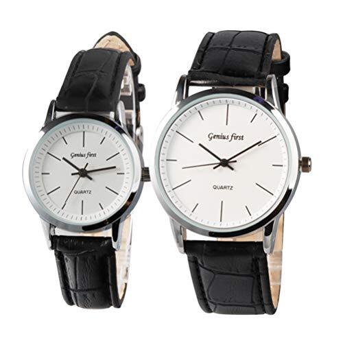 VILLCASE Polshorloge-2 stks lederen band paar horloges mode quartz horloges delicate horloges (zwarte band witte wijzerplaat mannelijke vrouwelijke stijl 1 elk)