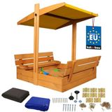 KOTARBAU® Houten Zandbak - 100 x 100 cm - Bruin - Zandbak met Bankjes - met Geel Dak - en Grondzeil