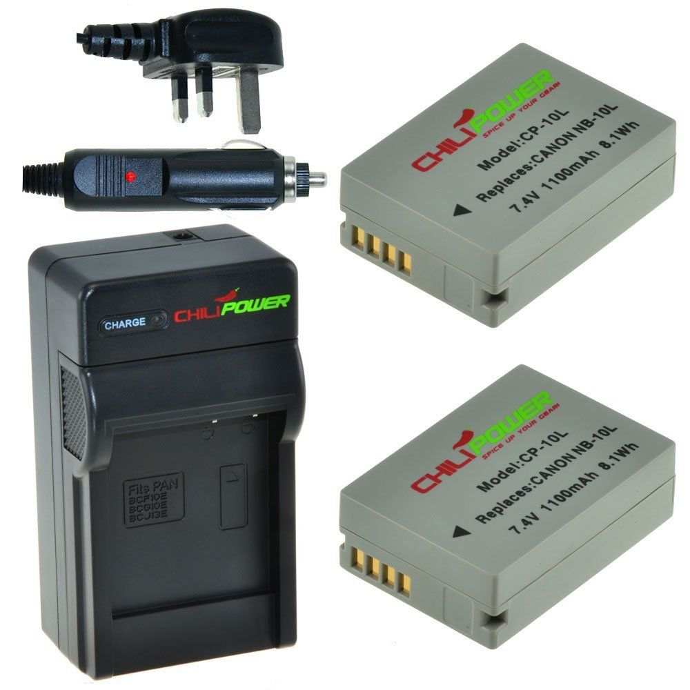 ChiliPower 2 x NB-10L accu's voor Canon - Charger Kit + car-charger - UK version