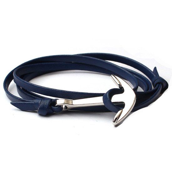 LGT JWLS Zilverkleurige anker armband blauw leren koord