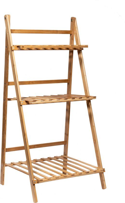 QUVIO Plantenrek / Plantenladder Opbergrek / Plantentrap / Plantenstandaard / Bloementrap / Bloemenrek / Plantenhouder - 3 etages - Bamboe - Bruin