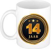 Bellatio Decorations Bol 14 jaar thema koffiemok Medaille - jubileum - verjaardag - zwart met goud - Cadeau beker - 300 ml - keramiek