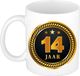 Bellatio Decorations Bol 14 jaar thema koffiemok Medaille - jubileum - verjaardag - zwart met goud - Cadeau beker - 300 ml - keramiek