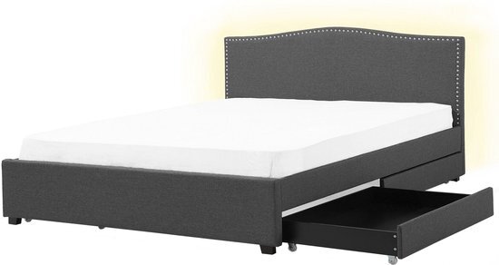 Beliani Gestoffeerd bed grijs met opbergruimte en witte LED verlichting 180 x 200 cm MONTPELLIER