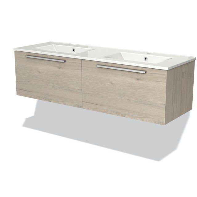 Maxaro Badkamermeubel 140cm Modulo Lichtgrijs Eiken 2 Lades Vlak Wastafel Keramiek