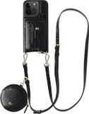 AVY Leren Hoesje geschikt voor Apple iPhone 14 Pro | Met Koord, Wallet en Pouch | Compatibel met MagSafe | Leather Case met 130CM Koord | Long Leather | Croco Zwart