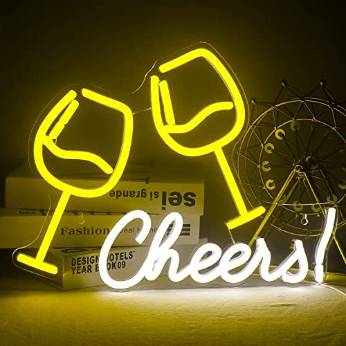 WanXing Neon Sign dubbel wijnglas met gejuich en proost woorden neonlicht, groter acryl nachtlampje, oplichtende borden voor bar Game Room Hotel Wall Decor Vrijgezellin Bruiloft Home Party (geel wit)