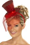 Smiffys Carnaval verkleed mini hoedje op diadeem - Funny hoge hoed - Rood - Dames - Clownshoed
