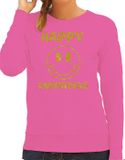 Bellatio Decorations Foute Kersttrui Dames - Happy Christmas - Roze - Glitter Goud - Smile / Emoticon - Maat M