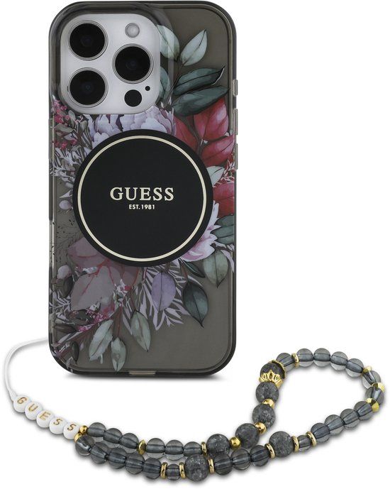Guess MagSafe IML Flowers Case met beads strap geschikt voor iPhone 16 Pro Max - Zwart