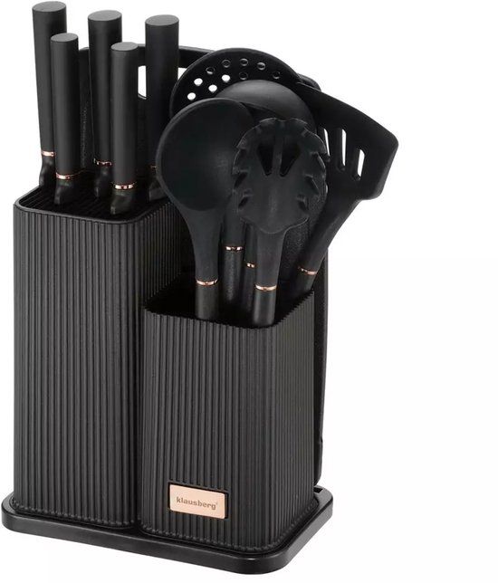 KLAUSBERG 12-delige Keukenset met Messen, Gereedschappen en Snijplank - Zwart - Inclusief Opbergrek