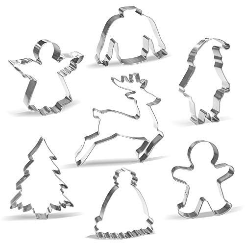 Keewah Grote kerstkoekjessnijder set - 7-delig - kerstman, rendieren, peperkoek, kerstboom, engel, lelijke trui, wintermuts - roestvrij staal