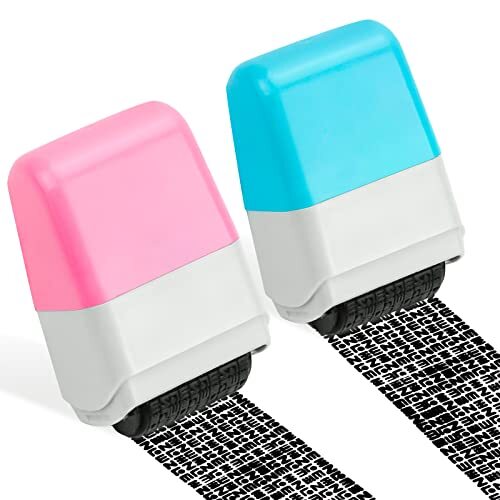 BLUESEABUY 2 stuks gegevensbescherming rolstempel tekstschakelaar, identiteitsdiefstal-rolstempel camouflage stempel voor privacy vertrouwelijkheid persoonlijke gegevens blackout, identiteitsbescherming blauw roze