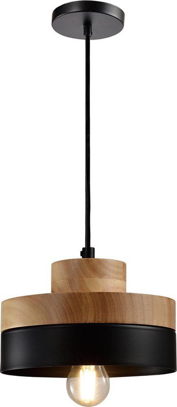 QUVIO Hanglamp Scandinavisch - Rond tweelaags metaal en hout - Diameter 18 cm