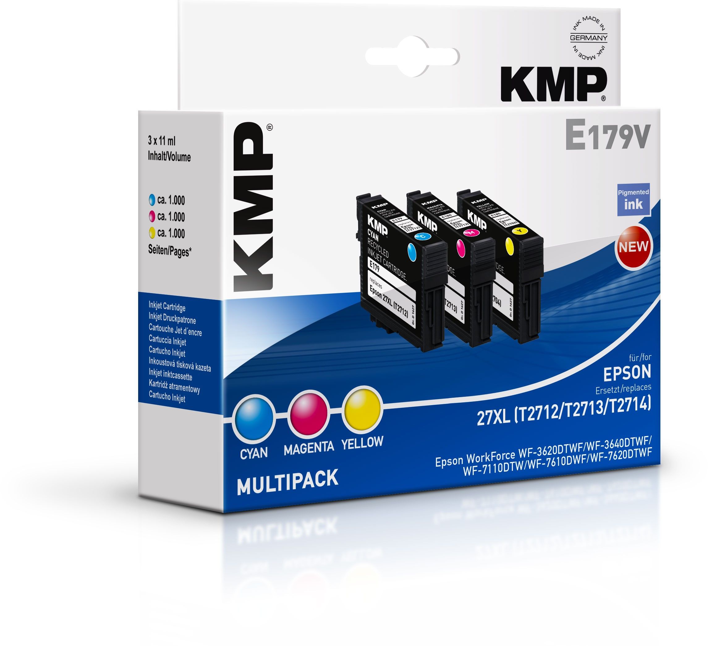 KMP E179V Inktcartridge Cyaan, Geel, Magenta 3x 11ml voor Epson Workforce WF-3620 DWF WF-3640 DTWF WF-7110 DTW WF-7610 DWF WF-7620 DTWF WF-3620 WF