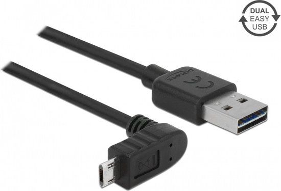 Delock USB 2.0 Kabel - Micro USB Haaks (Boven/Beneden) naar USB-A - 2m - Zwart