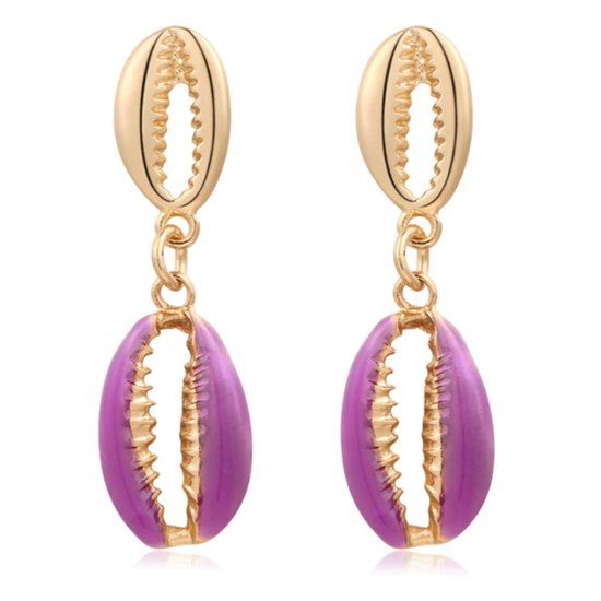 Deja Jewels Lookinggoodtoday Goudkleurige dames oorbellen hangers met dubbele paarse schelpjes