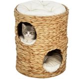 PawHut Kratztonne, 50 cm hoch Katzentonne mit 2 Höhle, Kratzbaum mit Kissen, Katzenturm aus Wasserhyazinthe, für Katze bis 3,5 kg, Hellbraun