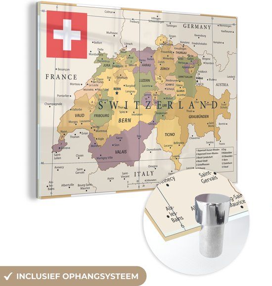 MuchoWow® Glass Painting 120x90 cm - Acrylic Glass Painting - Map of Switzerland - Photo on Glass - Paintings