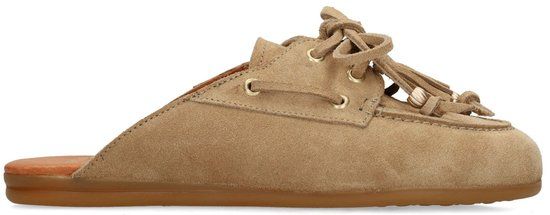 Manfield Dames Beige Suède Muiltjes met Franjes Maat 40