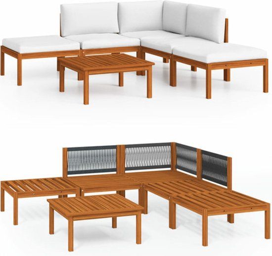 vidaXL 6-delige tuinloungeset met kussens crèmekleurig acaciahout en touw