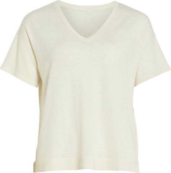 Vila Viabella Rev S/s V-neck Knit Top - Egret - S