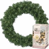 Decoris Kerstkrans groen - 35 cm diameter - verlichting warm wit - 48 lampjes
