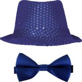 Merkloos / Sans marque Carnaval verkleed set compleet - hoedje en vlinderstrikje - blauw - heren/dames - glimmend - verkleedkleding